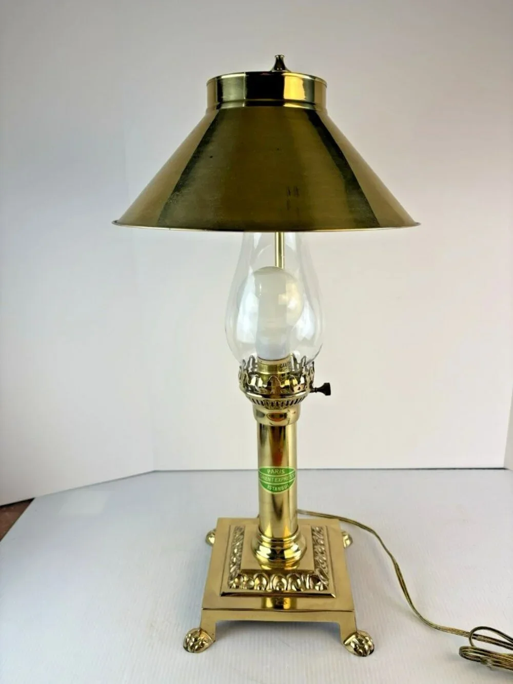 Vintage Brass Paris Istanbul Orient Express Clawfoot Table Lamp, Works, Adj.